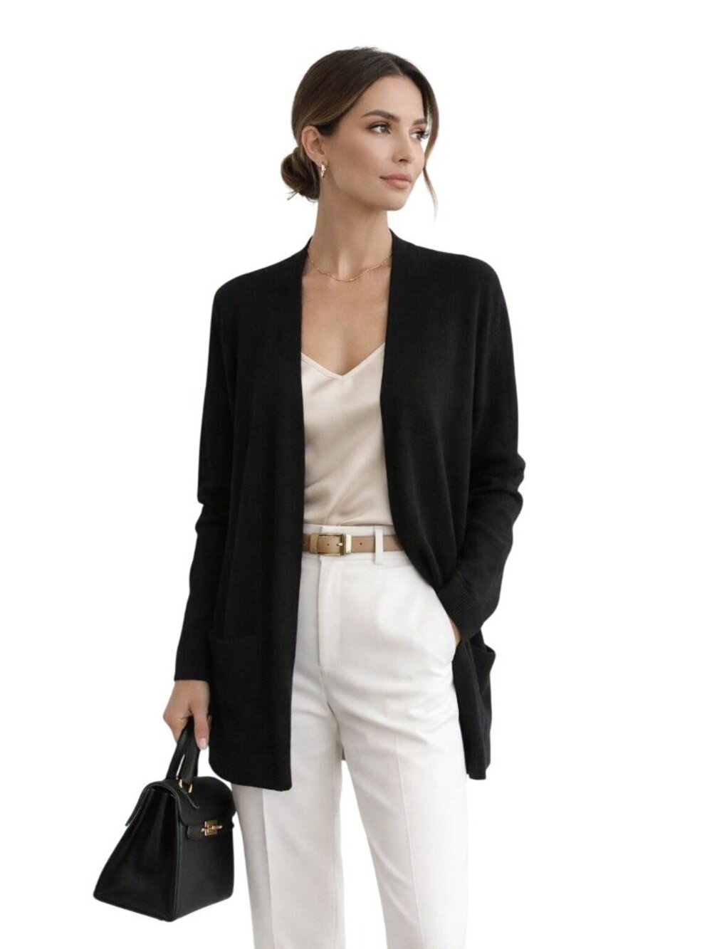 Luxury Cashmere Blend Black Open-Front Cardigan Pockets M Quiet Luxury Money